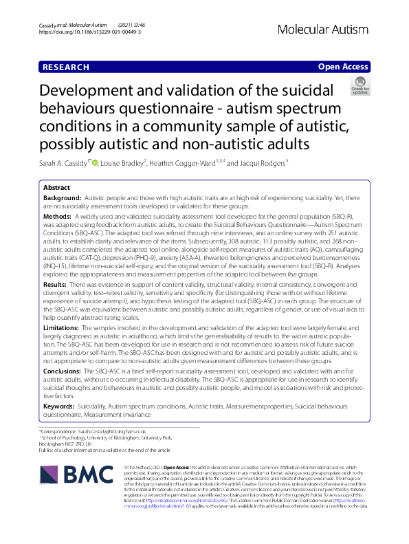 (PDF) Development and validation of the suicidal behaviours ...