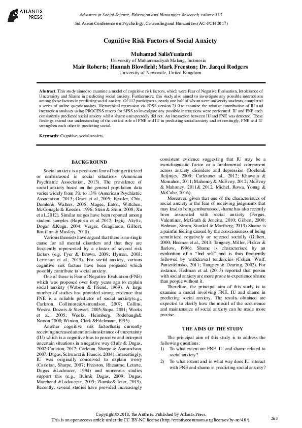 (PDF) Cognitive Risk Factors of Social Anxiety