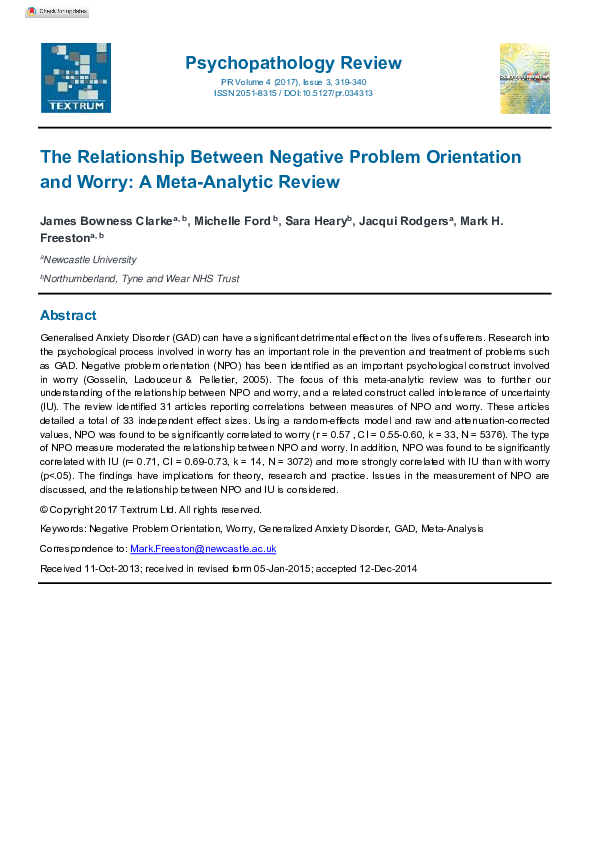 (PDF) The Relationship between Negative Problem Orientation and Worry ...
