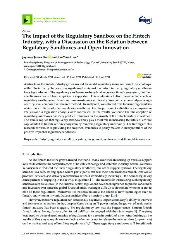 (PDF) The Impact of the Regulatory Sandbox on the FinTech Industry