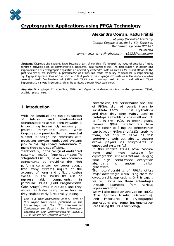 (PDF) Cryptographic Applications using FPGA Technology