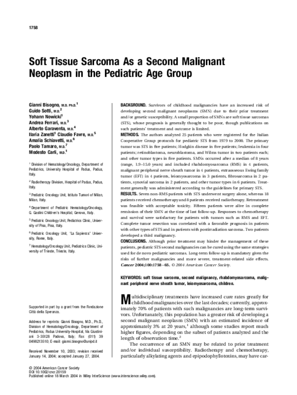 (PDF) Soft tissue sarcoma as a second malignant neoplasm in the ...