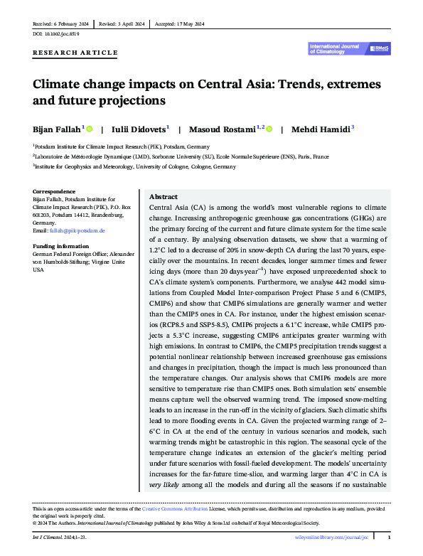 (PDF) Climate change impacts on Central Asia: Trends, extremes and