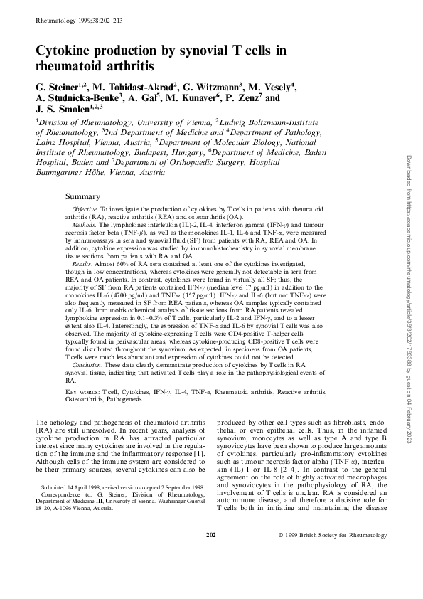 (PDF) Cytokine production by synovial T cells in rheumatoid arthritis