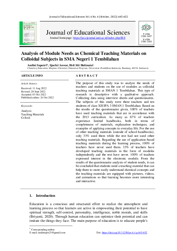 (PDF) Analysis of Module Needs as Chemical Teaching Materials on ...