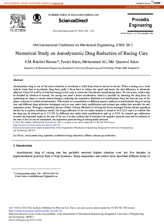 (PDF) Numerical Study on Aerodynamic Drag Reduction of Racing Cars