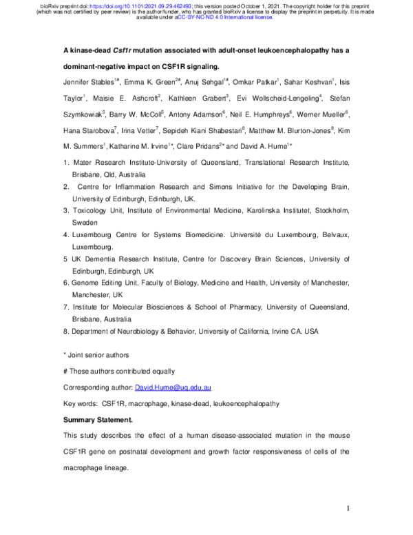 (PDF) A kinase-dead Csf1r mutation associated with adult-onset ...