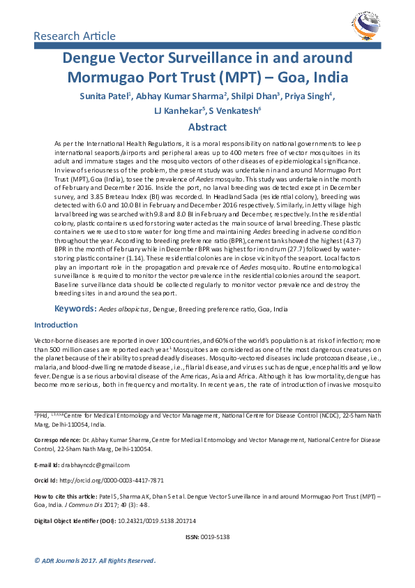 (PDF) Dengue Vector Surveillance in and around Mormugao Port Trust (MPT ...