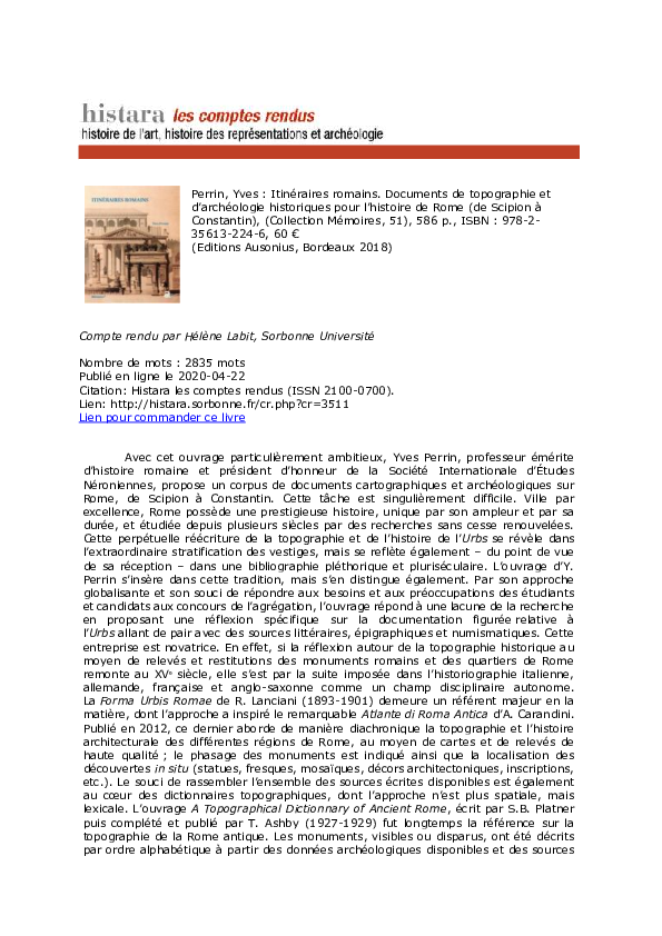 (PDF) Compte-rendu : Perrin, Yves : Itinéraires romains. Documents de ...
