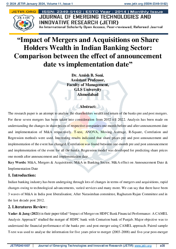 (PDF) "Impact of Mergers and Acquisitions on Share Holders Wealth in ...