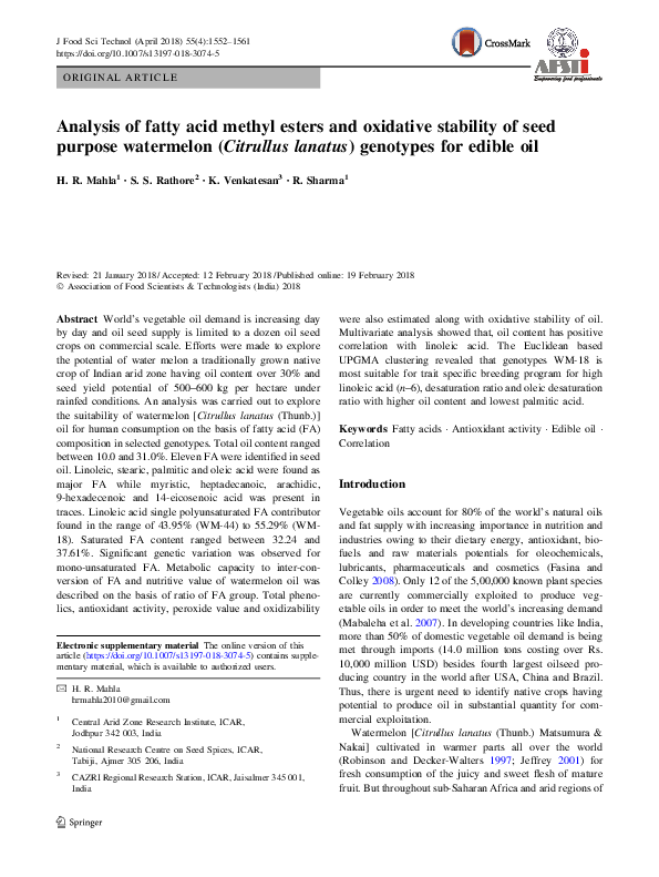 (PDF) Analysis of fatty acid methyl esters and oxidative stability of ...