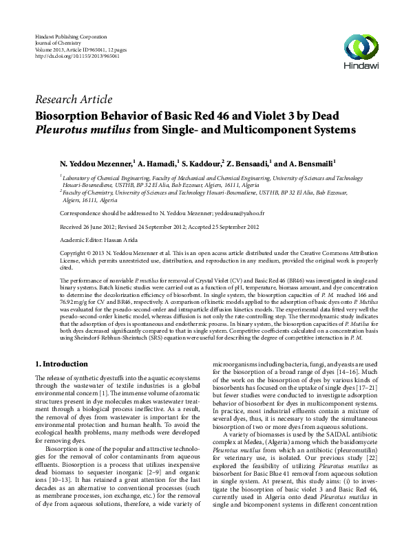 (PDF) Biosorption Behavior of Basic Red 46 and Violet 3 by ...