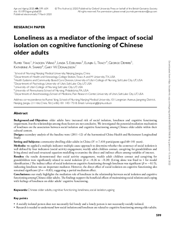 (PDF) Loneliness as a mediator of the impact of social isolation on ...