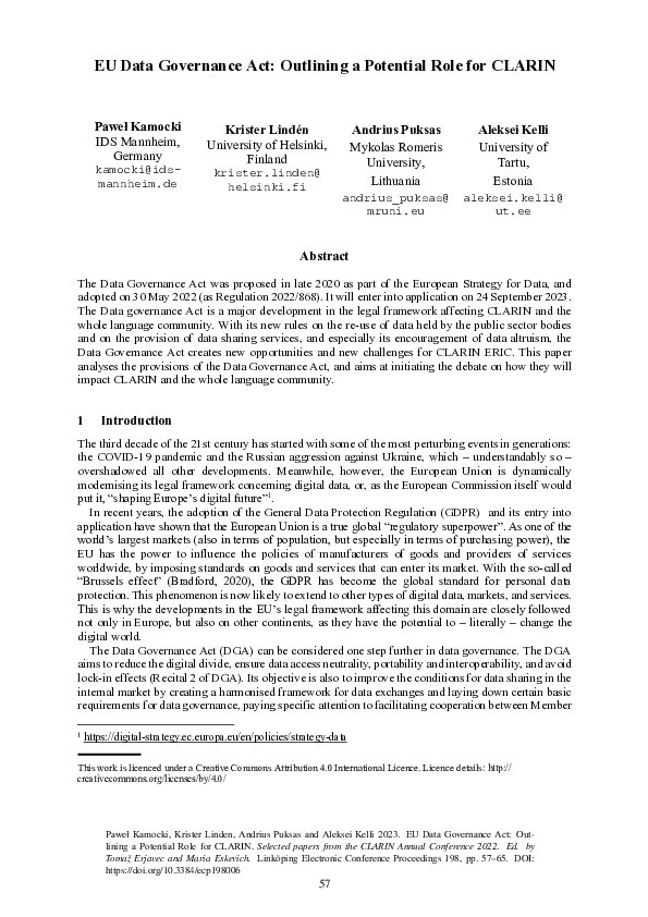 (PDF) EU Data Governance Act: Outlining a Potential Role for CLARIN
