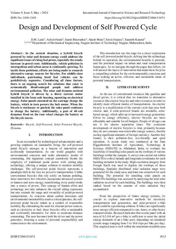 (PDF) Design and Development of Self Powered Cycle