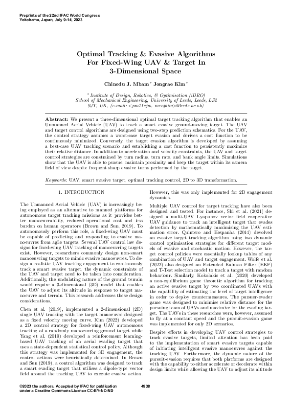 (PDF) Optimal Tracking & Evasive Algorithms For Fixed-Wing UAV & Target ...