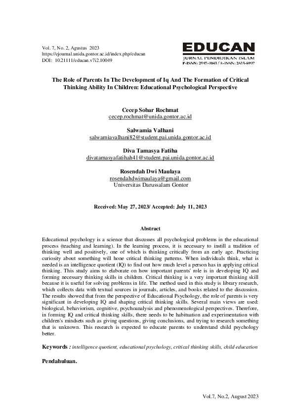 (PDF) The Role of Parents In The Development of Iq And The Formation of ...