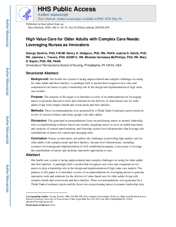 (PDF) High-value care for older adults with complex care needs ...