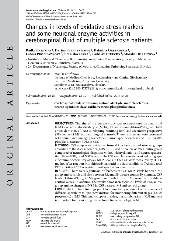 (PDF) Changes in levels of oxidative stress markers and some neuronal ...