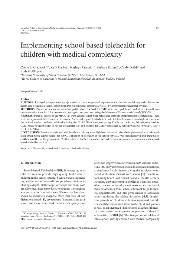 (PDF) Implementing school based telehealth for children with medical ...