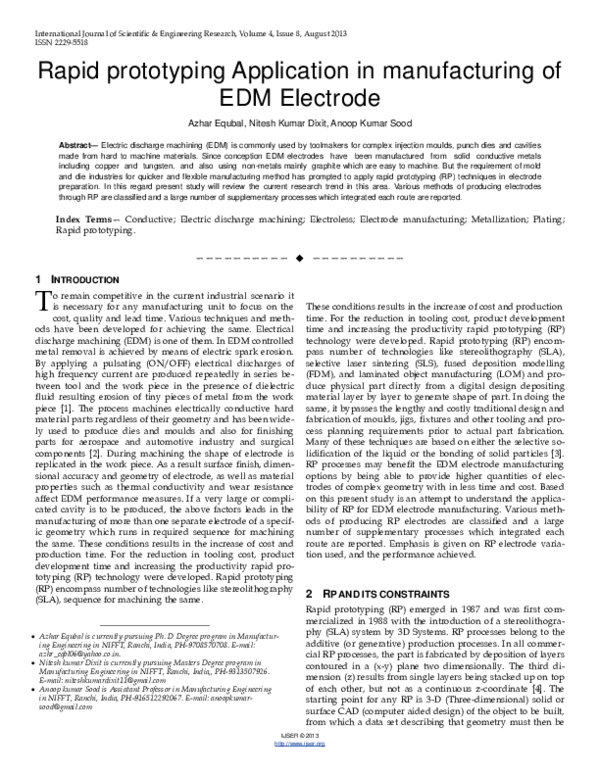 (PDF) Rapid prototyping Application in manufacturing of EDM Electrode