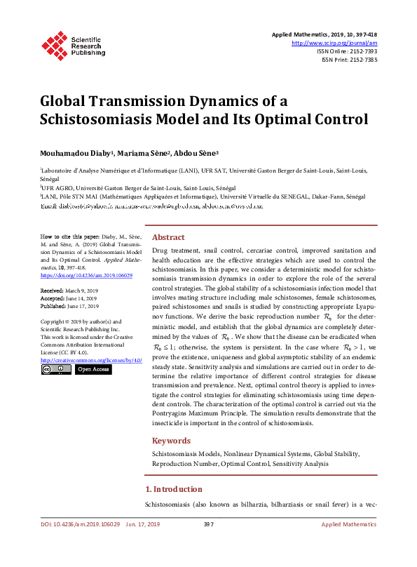 (PDF) Global Transmission Dynamics of a Schistosomiasis Model and Its ...