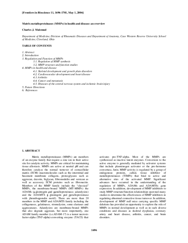 (PDF) Matrix metalloproteinases (MMPs) in health and disease: an overview