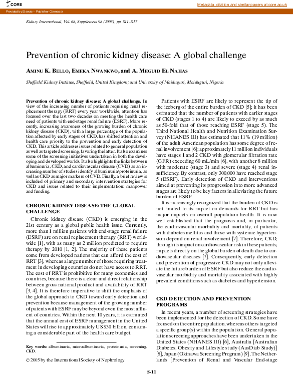 (PDF) Prevention of chronic kidney disease: A global challenge