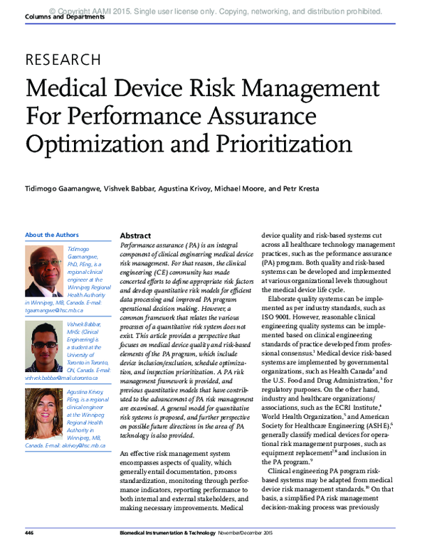 (PDF) Medical Device Risk Management For Performance Assurance ...