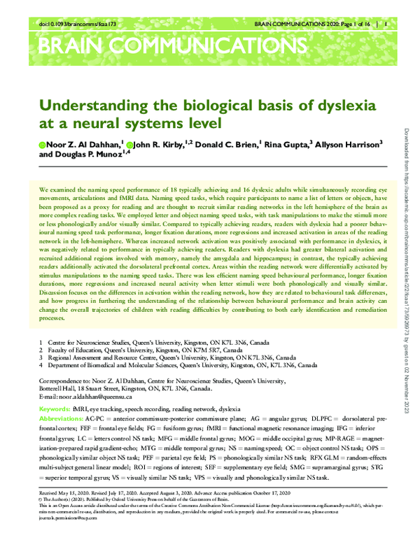 (PDF) Understanding the biological basis of dyslexia at a neural ...
