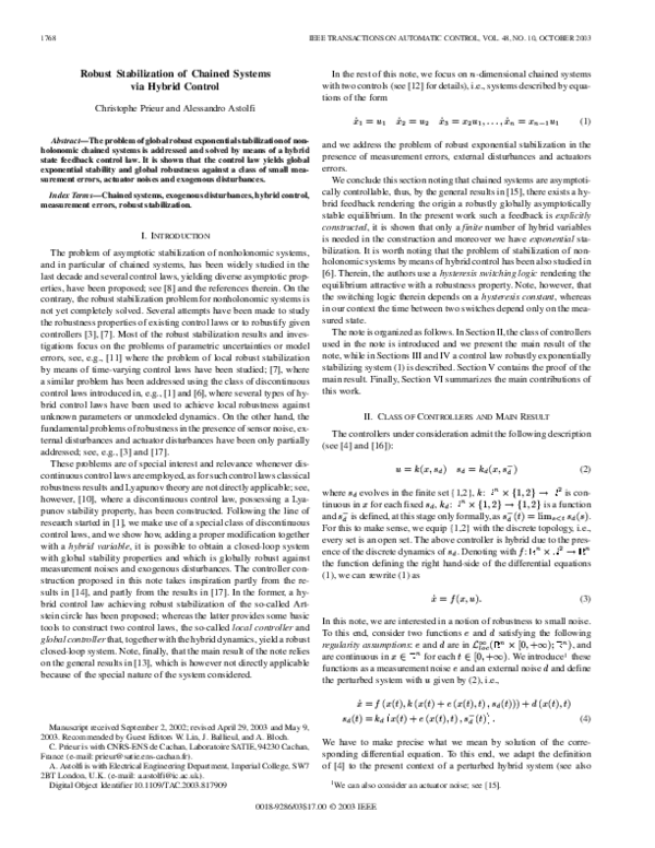 (PDF) Robust stabilization of chained systems via hybrid control