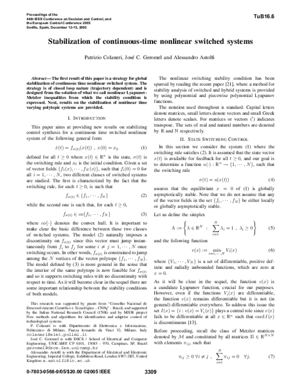 (PDF) Stabilization of continuous-time nonlinear switched systems