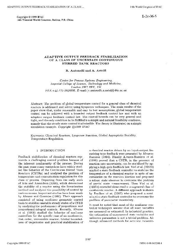 (PDF) Adaptive output feedback stabilization of a class of uncertain ...