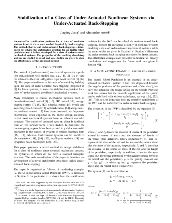 (PDF) Stabilization of a Class of Underactuated Nonlinear Systems via ...
