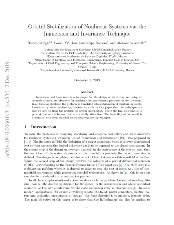 (PDF) Orbital stabilization of nonlinear systems via the immersion and ...
