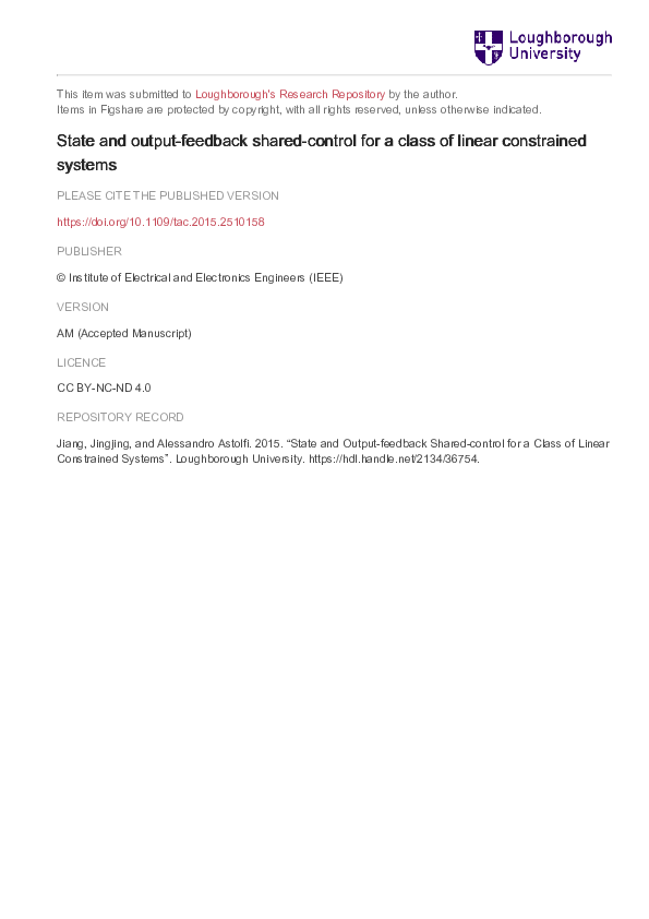 (PDF) State and Output-Feedback Shared-Control for a Class of Linear ...