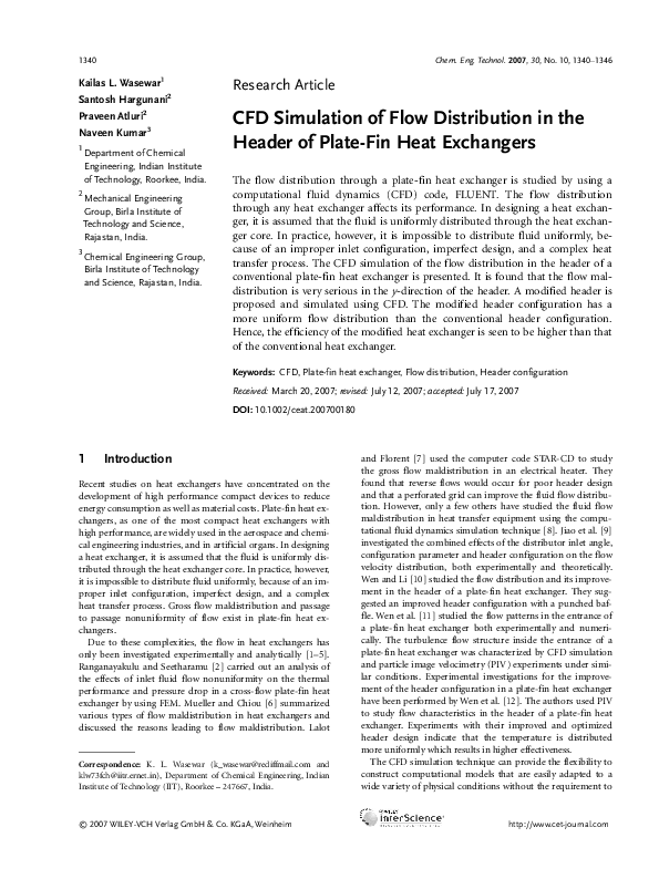 (PDF) CFD Simulation of Flow Distribution in the Header of Plate‐Fin ...