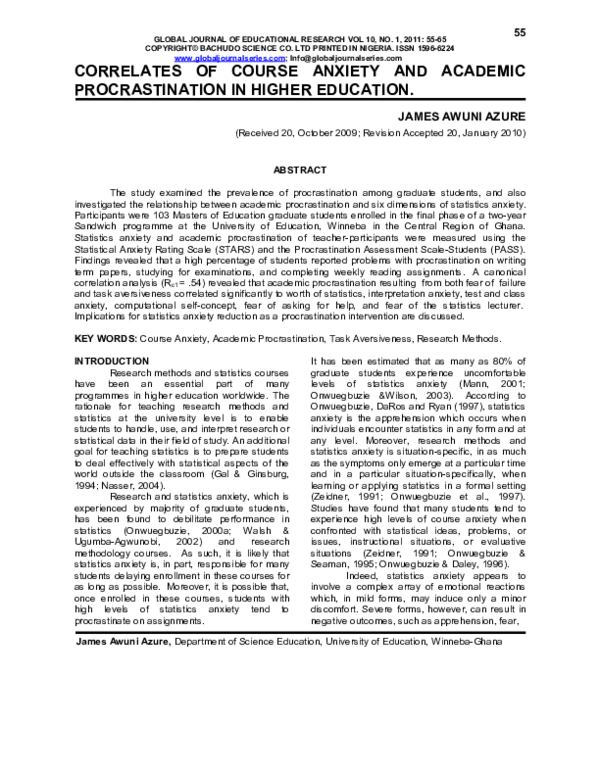 (PDF) Correlates of course anxiety and academic procrastination in ...