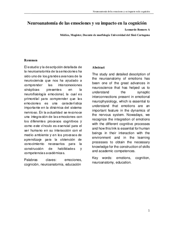 (PDF) Neuroanatomía de las emociones y su impacto en la cognición