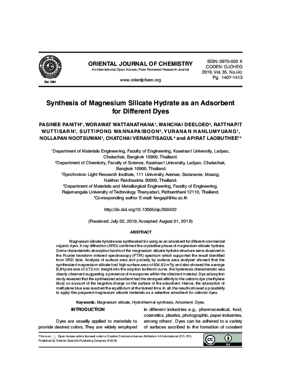 (PDF) Synthesis of Magnesium Silicate Hydrate as an Adsorbent for ...