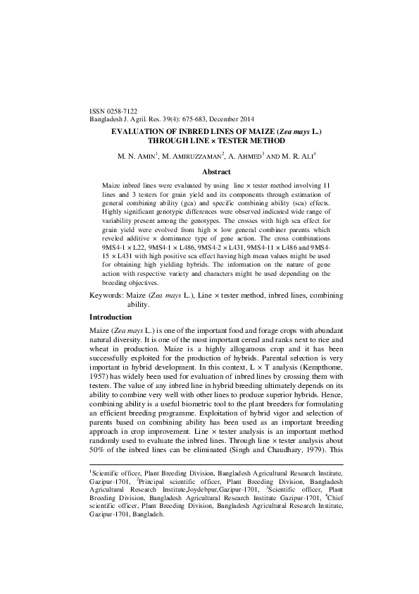(PDF) Evaluation of inbred lines of maize (Zea mays L.) through line × ...