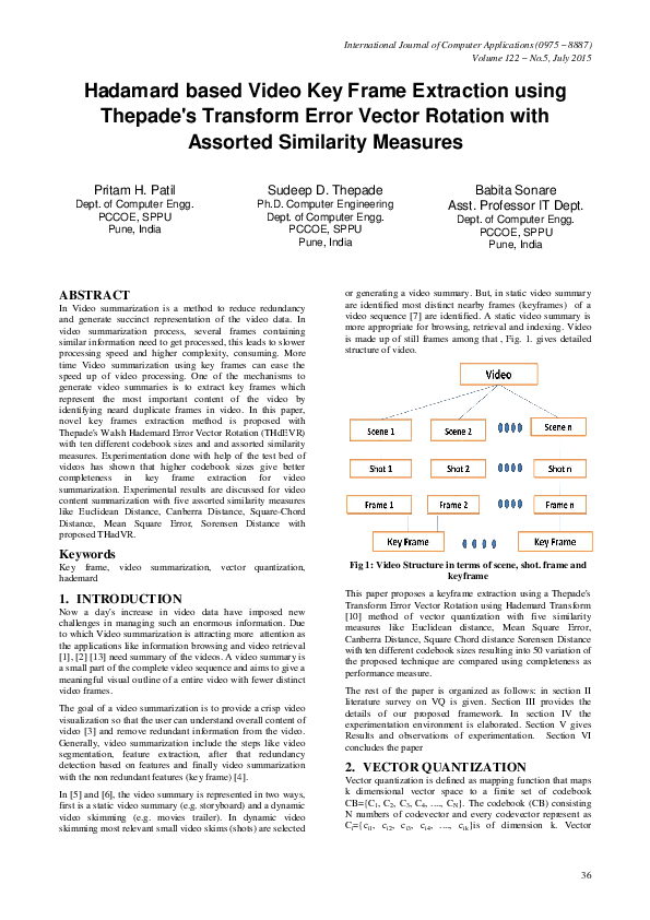 (PDF) Hadamard based Video Key Frame Extraction using Thepade's ...