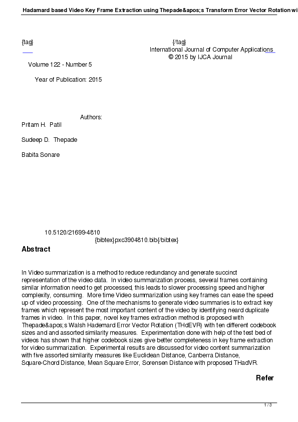 (PDF) Hadamard based Video Key Frame Extraction using Thepade's ...