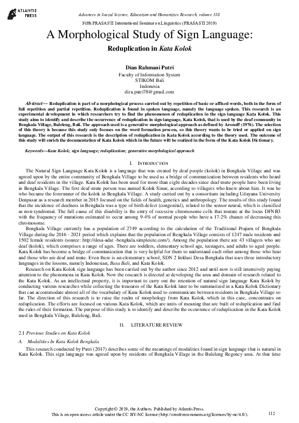 (PDF) A Morphological Study of Sign Language: Reduplication in Kata Kolok