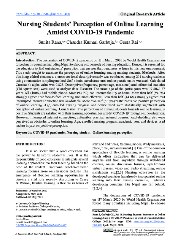 (PDF) Nursing Students’ Perception of Online Learning Amidst COVID-19 ...