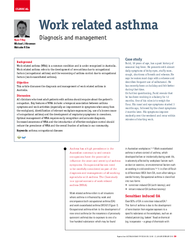 (PDF) Work related asthma - diagnosis and management