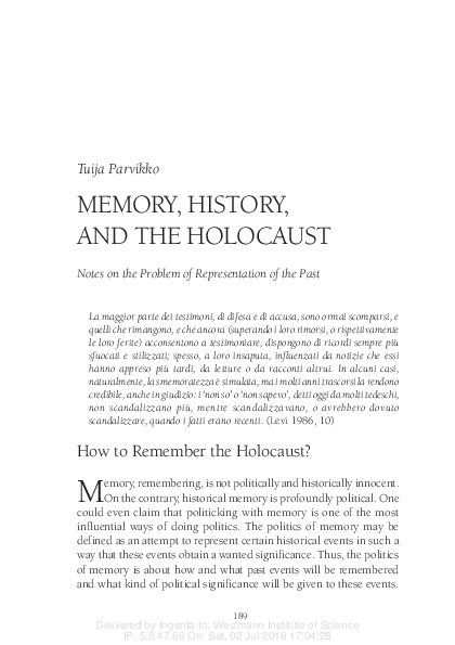 (PDF) Memory, History, and the Holocaust: Notes on the Problem of ...