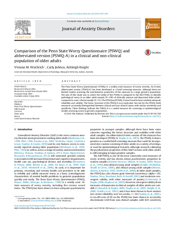 (PDF) Comparison of the Penn State Worry Questionnaire (PSWQ) and ...