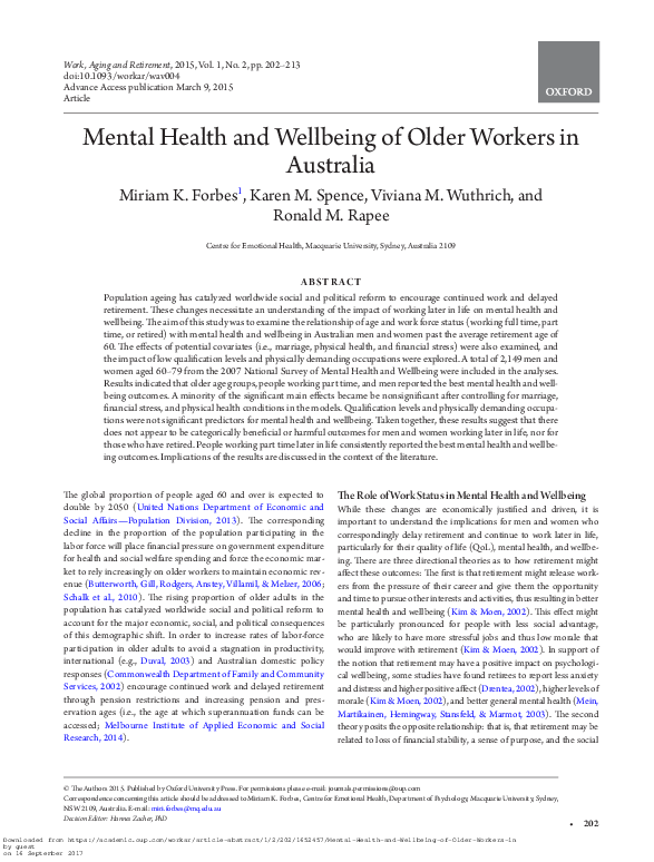 (PDF) Mental Health and Wellbeing of Older Workers in Australia