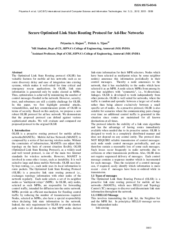 (PDF) Secure Optimized Link State Routing Protocol for Ad-Hoc Networks